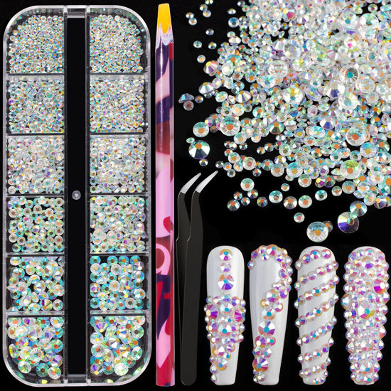 Picture of 6 Sizes Transparent AB Glass Crystal Kit with Pickup Pen + Tweezer Tools for Iridescent Shine Nail Art Manicure Makeup DIY Decoration Flatback Round Rhinestone Gem Jewelry Diamond
