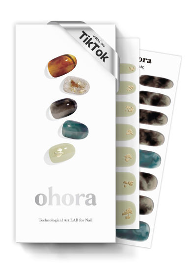 Picture of ohora Semi Cured Gel Nail Strips (N Dreaming) - Dark, Patterned, Works with Any UV/LED Nail Lamps, Salon-Quality, Long Lasting, Easy to Apply & Remove - Includes 2 Prep Pads, Nail File & Wooden Stick