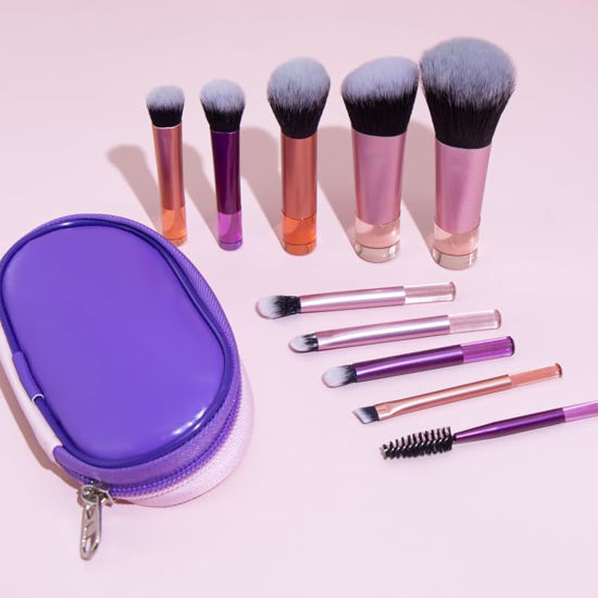 Picture of Portable ON THE GO Makeup Brush Set, COSHINE 10pcs Easy-taken Mini Full Complete Function Cosmetic Brushes Kit with Brush Pouch (colorful)