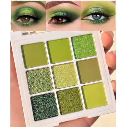Picture of evpct 9 Colors Green Glitter Shimmer Eye Shadow Makeup Palette Light Bright Emerald Dark Avocado Neon Green Highly Pigmented Waterproof Matte Glitter Shimmer Pearl Party Sparkling Eyeshadow Palette