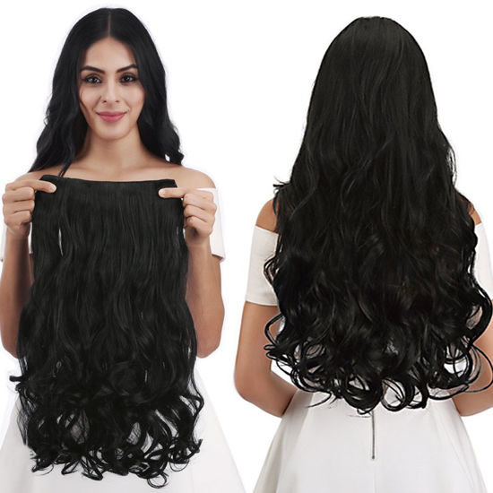Picture of REECHO 16" 1-Pack 3/4 Full Head Curly Wavy Clips in on Synthetic Hair Extensions HE008 Hairpieces for Women 5 Clips 3.9 Oz per Piece - Natural Black
