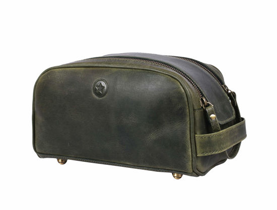 Picture of 10" Premium Leather Toiletry Travel Pouch With Waterproof Lining | King-Size Handcrafted Vintage Dopp Kit By Aaron Leather Goods (Tawny)