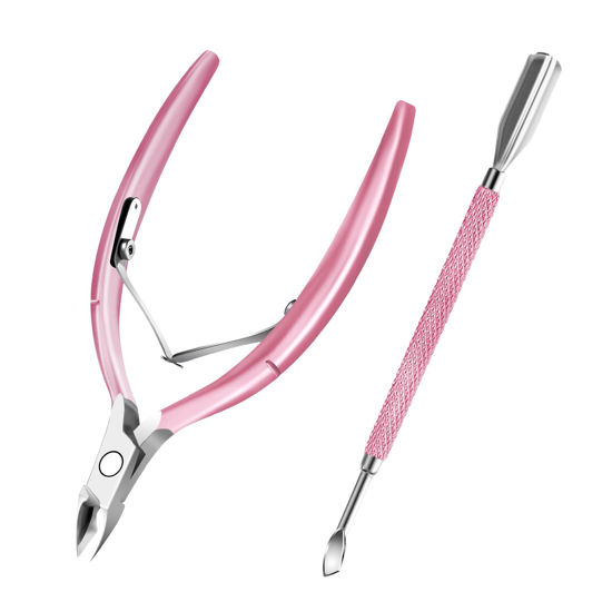 Picture of Cuticle Trimmer with Cuticle Pusher and Scissors, Cuticle Remover Professional Durable Pedicure Manicure Tools, Stainless Steel Cuticle Nipper Cutter Clipper (Pink Pusher)