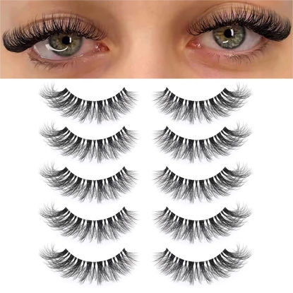 Picture of KSYOO False Eyelashes Cat Eye Lashes Wispy Lashes Clear Band V1 Russian Strip Lashes That Look Like Extensions D Curl Cat Eye Lashes Natural Look Faux Mink 3D Fluffy Russian Strip Eyelashes
