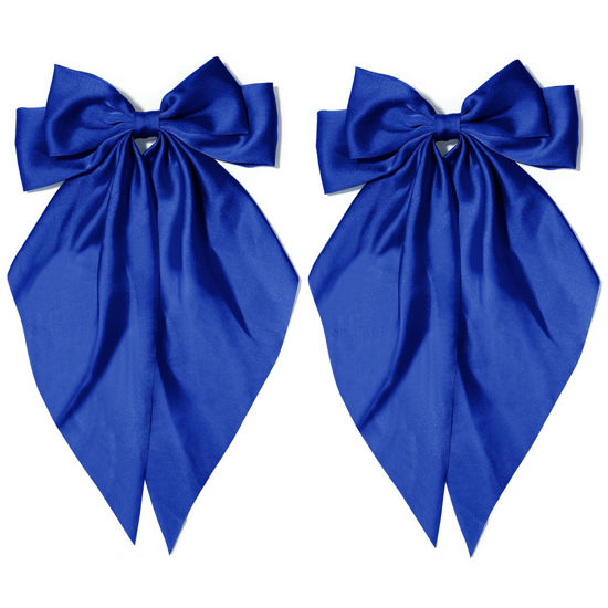 Picture of 2Pcs Silky Satin Hair Ribbons - Sapphire Blue Long Tail Coquette Clips, Aesthetic Accessories for Women