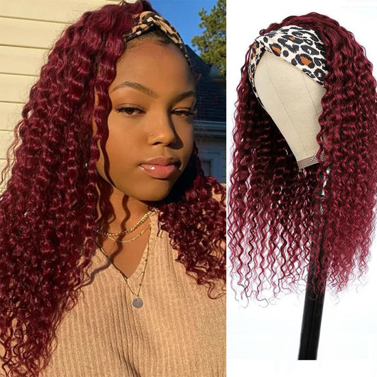 Picture of Lauberita Headband Wig Human Hair 99J 22 Inch 180% Density Burgundy Deep Wave Headband Wig 100% Human Hair Wigs Curly Glueless Wig