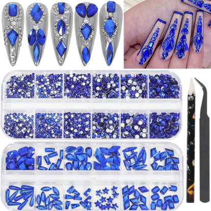 Picture of HNUIX Nail Rhinestones - 2920pcs 3D Multi Shape Size, Blue Nail Gems, Flat Back, with Kit, for Nail Art, DIY Decorations