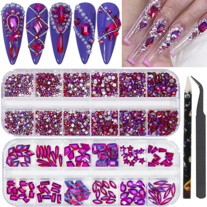 Picture of HNUIX Nail Rhinestones - 2920pcs 3D Multi Shape Size, Crystal AB Red Nail Gems, Flat Back, with Kit, for Nail Art, DIY Decorations