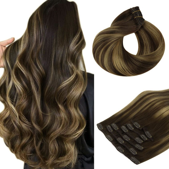 Picture of HOTBANANA Human Hair Clip in Hair Extensions, Balayage Chocolate Brown Mixed Caramel Blonde 130g Clip in Hair Extensions Real Human Hair Straight Remy Hair Clip Ins Dark Roots Ombre 26 Inch 7pcs