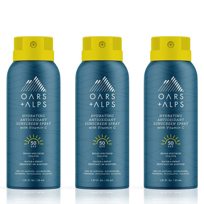 Picture of Oars + Alps Hydrating SPF 50 Sunscreen Spray, Infused with Vitamin C and Antioxidants, Water and Sweat Resistant, TSA Friendly, 1.87 Oz Each, 3 Pack