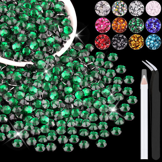 Picture of 2500PCS 5mm Resin Rhinestones in Bulk (Dark Green), Bedazzling Flatback Crystals for Crafts DIY Nail Decoration, Gems Charms for Tumbler Shoes Clothing Fabric with Pickup Pen and Tweezers