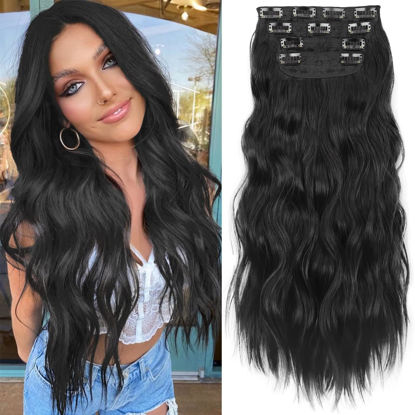 Picture of KooKaStyle Clip in Synthetic Hair Extensions Long Wavy 4PCS Thick Hairpieces Black Fiber Double Weft Natural Hair Extensions 24 Inch for Women