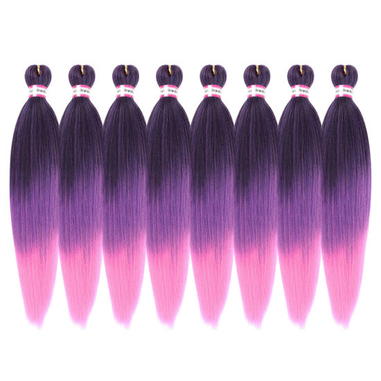 Picture of Pre Stretched Braiding Hair 8 Packs 20 Inch Ombre Synthetic Braiding Hair Natural Easy Twist Braids Crochet Hair Hot Water Setting Professional Soft Yaki Straight Texture (#1b/purple/pink)