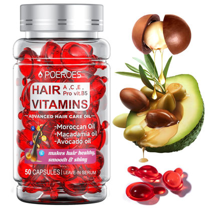 Picture of POEROES Hair Treatment Serum 50 Capsules Hair Vitamins A C E Pro B5 - Hair Serum for Frizzy and Damaged Hair - Hair Oil with Argan & Avocado Oil - Leave in Conditioner for Women & Men