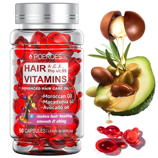 Picture of POEROES Hair Treatment Serum 50 Capsules Hair Vitamins A C E Pro B5 - Hair Serum for Frizzy and Damaged Hair - Hair Oil with Argan & Avocado Oil - Leave in Conditioner for Women & Men