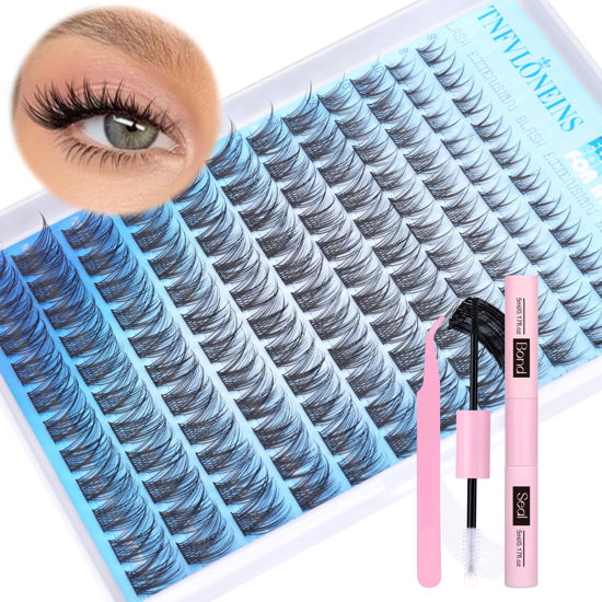 Picture of Wispy Lash Extension Kit Natural Lash Clusters Kit D Curl Eyelash Extension Kit DIY Cluster Eyelash Extensions Kit 8-16MM Individual Lashes Clusters with Bond and Seal and Tweezers by TNFVLONEINS