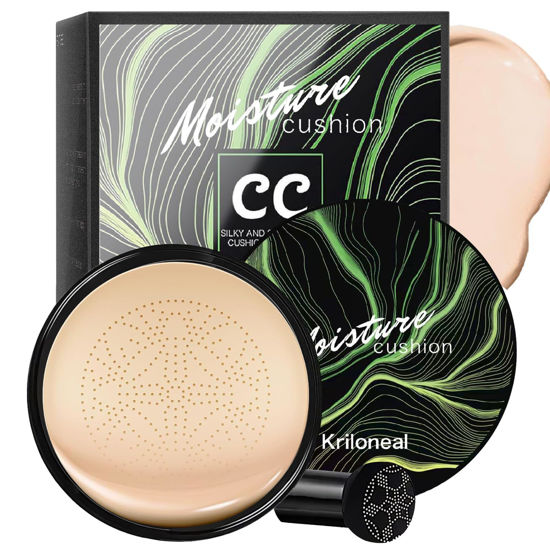 Picture of Kriloneal CC Cream Foundation Mushroom Head Air Cushion Face Makeup Moisturizing Concealer Waterproof Oil Control Long-Lasting Nude Makeup Even Skin Tone for All Skin Types(Ivory White)