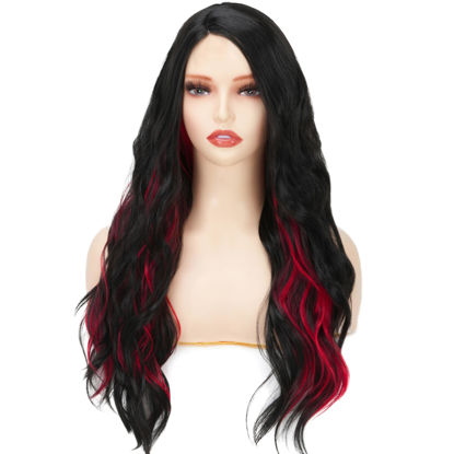 Picture of Sabosi Black and Red Long Wavy Wig for Women Red Black Ombre Synthetic Heat Resistant Cosplay Costume Wigs