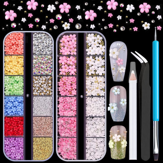 Picture of 3D Flowers for Nails, Colorful Acrylic Flower Nail Charms with Caviar Beads, Flat Back Glass Crystal AB + Clear Gemstones Round Gems Rhinestones for Nails and Acrylic Nails with Dotting Tools