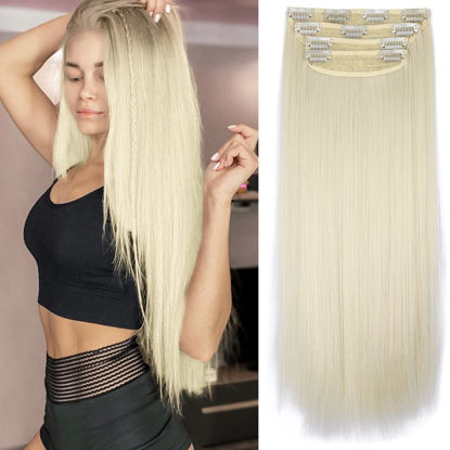 Picture of Clip in Synthetic Hair Extensions Long Straight 4PCS Thick Hairpieces 613 Blonde Fiber Double Weft Natural Hair Extensions 20 Inch for Women (4pcs, 20Inch, 613#)