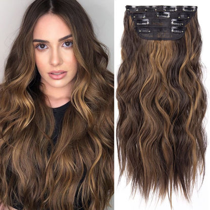 Picture of 4PCS Clip in Hair Extensions for Women Brown Highlighted Caramel Blonde Long Wavy Thick Hair Extensions Clip in Double Weft Hair Extension for Daliy Use (4pcs, 20Inch, H2/426#)