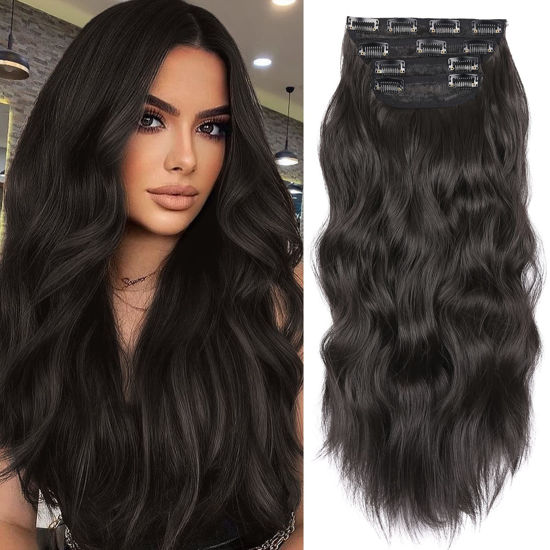 Picture of Clip in Synthetic Hair Extensions Long Wavy 4PCS Thick Hairpieces Black Brown Fiber Double Weft Natural Hair Extensions 20 Inch for Women (4pcs, 20Inch, 2#)