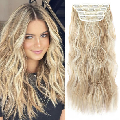 Picture of Clip in Long Wavy Synthetic Hair Extension 20 Inch 4PCS Dark Golden Mix Beige Blonde Highlights Hairpieces Thick Double Weft Hair Extension for Women (4pcs, 20Inch, P86/613#)