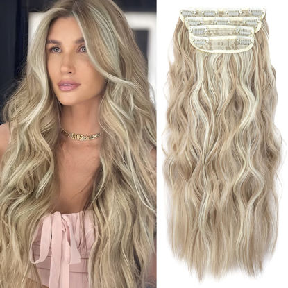 Picture of Clip in Natural Hair Extensions Long Wavy 4PCS Thick Hairpieces Dark Ash Blonde Mixed Bleach Blonde Double Weft Synthetic 20 Inch for Women (4pcs, 20Inch, 16H613#)