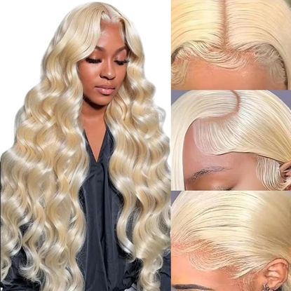 Picture of CLYDANX 613 Lace Front Wig Human Hair 13x4 Transparent 613 HD Blonde Body Wave Lace Front Wigs Human Hair Pre Plucked with Baby Hair 180% Density Brazilian Wigs for Women 34 Inch
