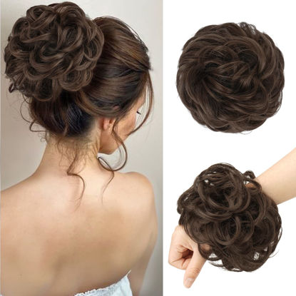 Picture of FESHFEN Messy Bun Hair Piece Large Medium Chestnut Brown Hair Bun Scrunchies Extensions Synthetic Wavy Curly Tousled Updo Hairpieces for Women Girls