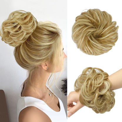 Picture of FESHFEN Messy Bun Hair Piece Curly Wavy Large Hair Bun Scrunchies Extensions Honey Blonde & Bleach Blonde Synthetic Tousled Updo Hairpieces for Women Girls