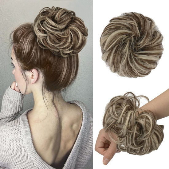 Picture of FESHFEN Messy Hair Bun Hair Pieces Wavy Curly Large Hair Bun Scrunchies Extensions Synthetic Tousled Updo Hairpieces for Women Girls, 1.94oz