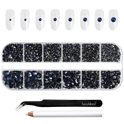 Picture of Beadsland Rhinestones for Makeup,8 sizes 2500pcs Navy Blue Flatback Rhinestones Eye Gems for Nails Crafts with Tweezers and Wax Pencil,Montana,SS4-SS30