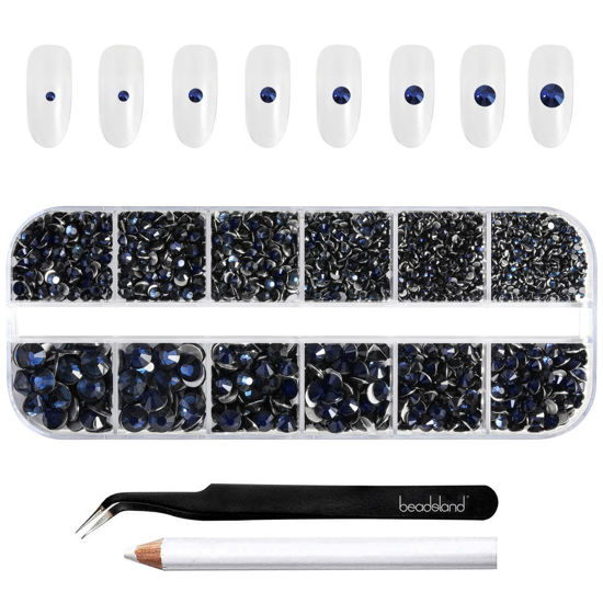 Picture of Beadsland Rhinestones for Makeup,8 sizes 2500pcs Navy Blue Flatback Rhinestones Eye Gems for Nails Crafts with Tweezers and Wax Pencil,Montana,SS4-SS30