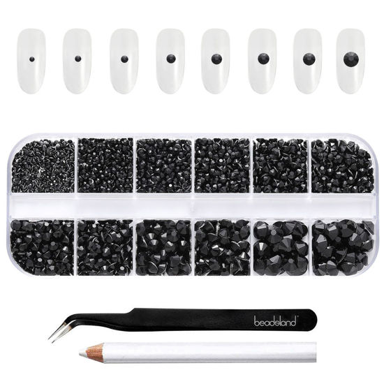 Picture of Beadsland Rhinestones for Makeup,8 Sizes 2500pcs Black Flatback Rhinestones Face Gems for Nails Crafts with Tweezers and Wax Pencil,Black,SS4-SS30