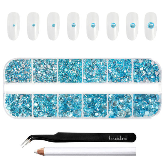 Picture of Beadsland Rhinestones for Makeup,8 Sizes 2500pcs Blue Flatback Rhinestones Face Gems for Nails Crafts with Tweezers and Wax Pencil,Aquamarine,SS4-SS30
