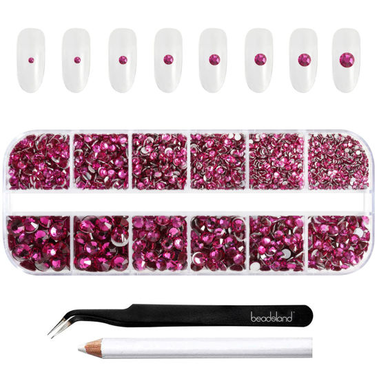 Picture of Beadsland Rhinestones for Makeup,8 sizes 2500pcs Glass Flatback Rhinestones Eye Gems for Nails Crafts with Tweezers and Wax Pencil,Fuchsia,SS4-SS30