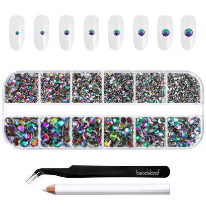 Picture of Beadsland Rhinestones for Makeup,8 Sizes 2500pcs Green Flatback Rhinestones Face Gems for Nails Crafts with Tweezers and Wax Pencil,Green Volcano,SS4-SS30