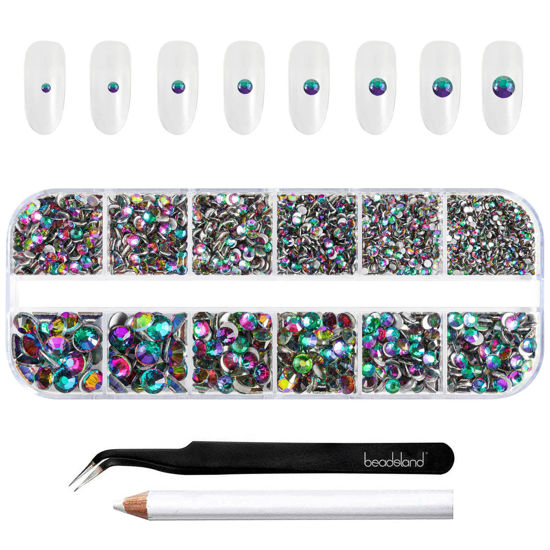 Picture of Beadsland Rhinestones for Makeup,8 Sizes 2500pcs Green Flatback Rhinestones Face Gems for Nails Crafts with Tweezers and Wax Pencil,Green Volcano,SS4-SS30