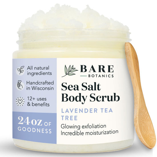 Picture of Bare Botanics Lavender Tea Tree Body Scrub 24oz | Made in Madison, WI | All Natural Sea Salt Exfoliator w/ Skin Loving Moisturizers | Vegan & Cruelty Free | Gift Ready Packaging w/ a Cute Wooden Spoon