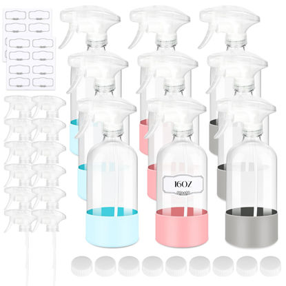 Picture of ZENOWICK 9 Pack/16 Oz Glass Spray Bottles, Refillable Empty Containers with Silicone Sleeve, Upgraded Adjustable Nozzle Spray Bottle Sets for Cleaning, Essential Oils, Hair