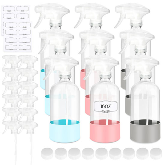 Picture of ZENOWICK 9 Pack/16 Oz Glass Spray Bottles, Refillable Empty Containers with Silicone Sleeve, Upgraded Adjustable Nozzle Spray Bottle Sets for Cleaning, Essential Oils, Hair