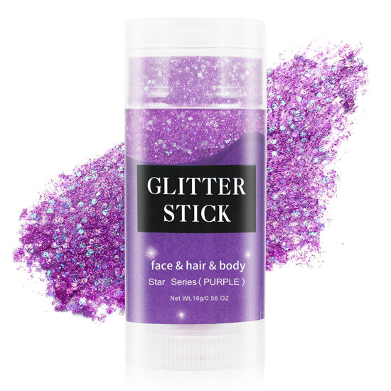 Picture of MEICOLY Purple Body Glitter Stick,Waterproof Mermaid Face Glitter,Chunky Glitter for Face/Body/Hair/Eyes/Lip,Sequins Glitter Face Paint,Sparkling Glitter Makeup,Body Glitter for Women and Girls