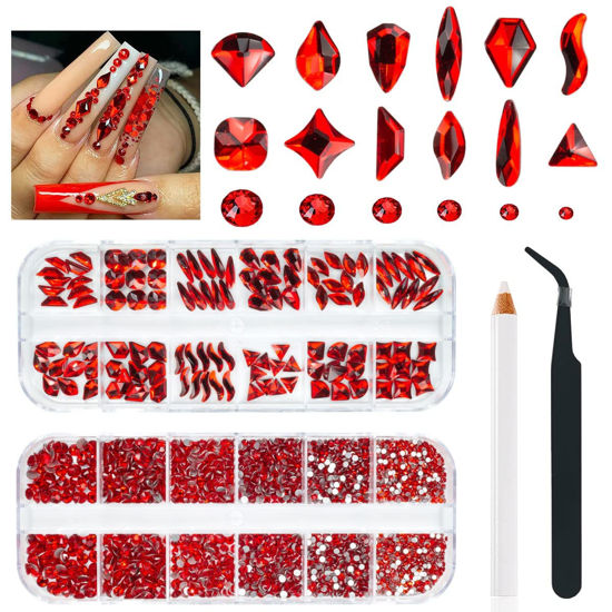Picture of 2530Pcs Red Rhinestones Nail Charms 120 Multi Shapes Crystal Flatback Siam Red Big Gems +2410 Ruby Red Round Beads Glass Stones Diamonds Jewels Nail Art Supplies for Nails Face Eyes Makeup Crafts DIY