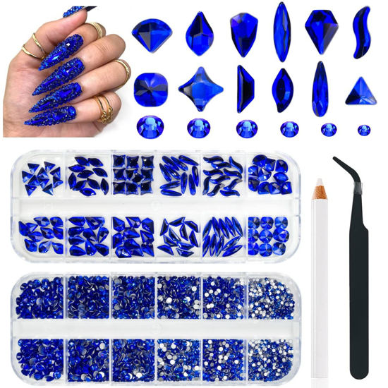 Picture of 2530Pcs Blue Rhinestones Sapphire Nail Rhinestones 120 Multi Shapes Flatback Royal Blue Crystals Gems +2410 K9 Glass Stones Diamonds Jewels Nail Art Supplies Nail Charms for Nails Faces Makeup Crafts