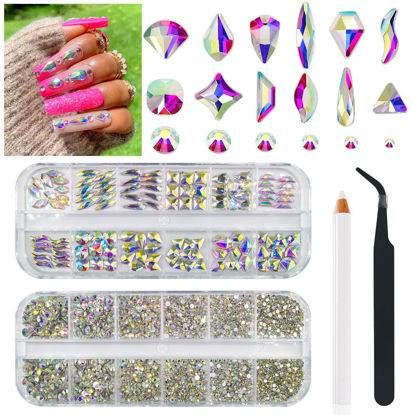 Picture of 2530Pcs Crystal AB Nail Rhinestones 120 Multi Shapes Flatback Crystal White AB Gems +2410 Round Beads K9 Glass Stones Diamonds jewels Nail Art Supplies Nail Charms for Nails Faces Eyes Makeup Crafts