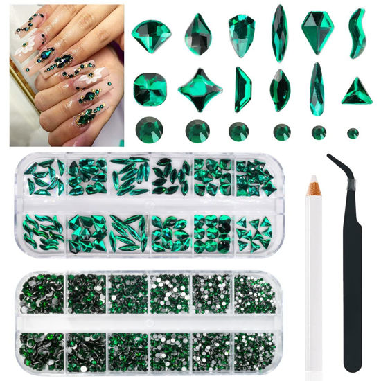 Picture of 2530Pcs Emerald Green Nail Rhinestones 120 Multi Shapes Flatback Green Crystals Gems +2410 Round Beads K9 Glass Stones Diamonds Jewels Nail Art Supplies Nail Charms for Nails Faces Eyes Makeup Crafts