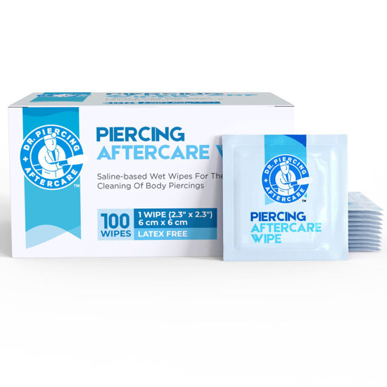 Picture of Dr. Piercing Aftercare Wipes - Piercing Aftercare | Saline Solution for Piercings - Keloid Bump Ear Piercing Cleaner - Ears Lips Belly Nose Piercing Bump - Piercing Hole Cleaner (100 Count)