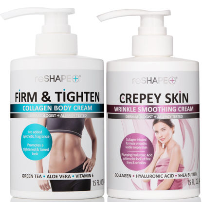 Picture of Reshape Collagen Body Cream + Crepey Skin Treatment Lotion Moisturizer Skin Care Set, Crepey Skin Cream Targets Wrinkles & Sagging Skin While Collagen Hydrates + Tightens Skin, 15 Fl Oz (Pack of 2)