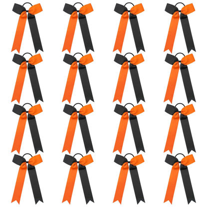 Picture of DEEKA 16 PCS Collegiate Style Cheer Bows Long Tail Skinny Cheer Bow Ponytail Holder Handmade Bows for Girls Teens Softball Cheerleader Sports -Orange/Black